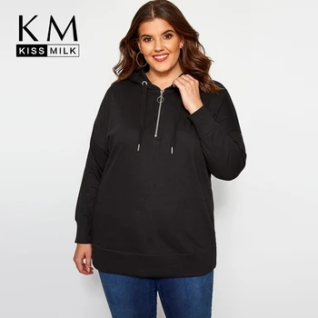 

Kissmilk 2020 New Fashion Autumn Simple Solid Color Large Size Metal Ring Zipper Loose Hooded Long-sleeved Sweatshirt