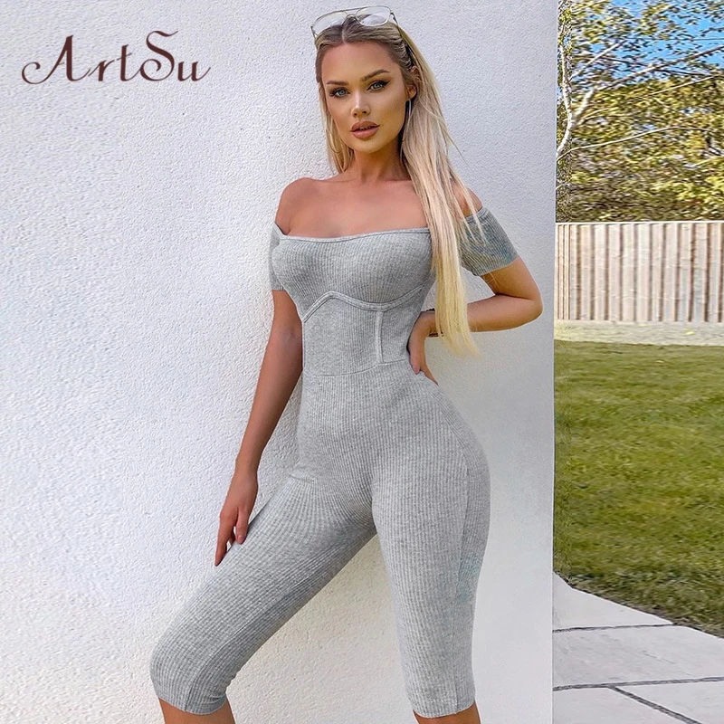 Artsu Slash Neck Romper Women 2020 Summer Jumpsuit Solid Gray Fashion Female Elastic Outfit Casual Skinny Playsuit New Clothes | Женская