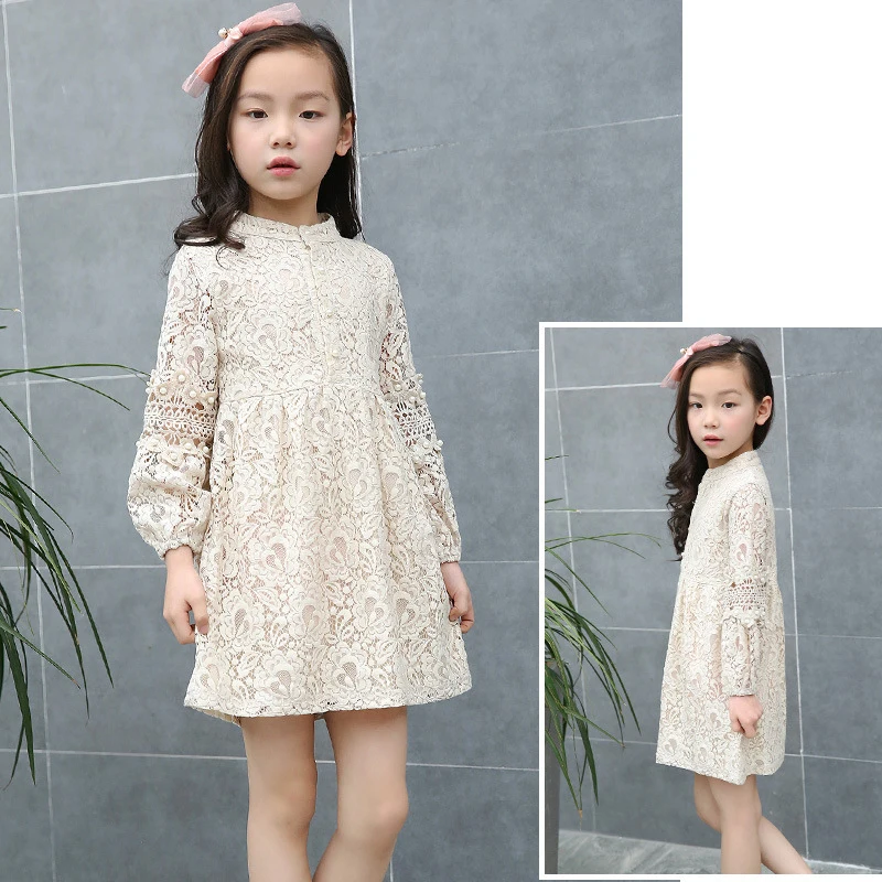 

2019 Spring Kids Lace Dress for Big Girls 6 to 16 Years Long Sleeve Pearls Mini Dresses Girls Costume School Home Clothes 8L3A