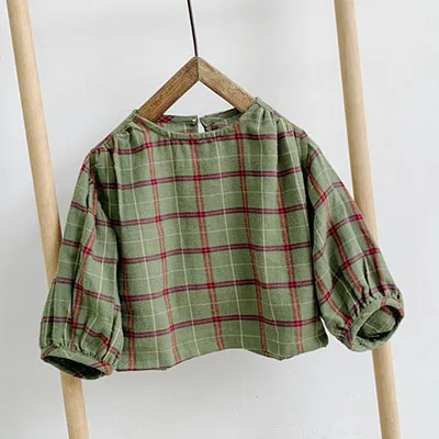 19601 green Коллекция года, весенне-осенняя модная одежда из чистого хлопка для девочек рубашки для маленьких девочек Детская куртка с длинными рукавами футболка в клетку - Цвет: 19601 green