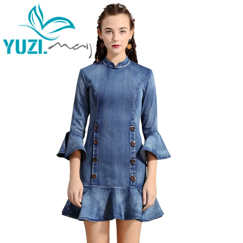 Dress Women 2019 Yuzi.may Boho New Denim Stand Collar Flare Sleeve Ruffles Hem Vestidos A82192 Vestido | Женская одежда