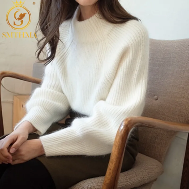 SMTHMA осенне-зимний винтажный женский свитер с длинным рукавом, Свободный вязаный пуловер с высоким воротом, утолщенные свитера, укороченный топ