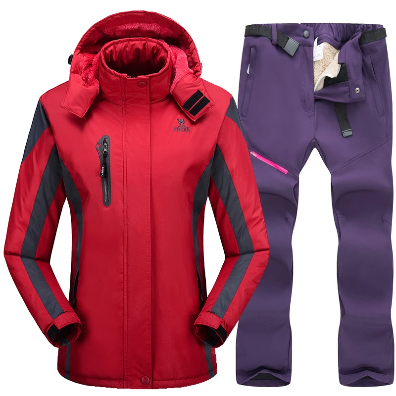 Red Purple Лыжный костюм для женщин, лыжная куртка, брюки, водонепроницаемая походная Лыжная и Сноубордическая куртка, комплекты зимней спортивной одежды из флиса - Цвет: Red Purple