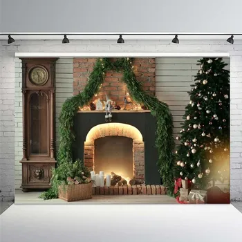 

Christmas Backdrop Fireplace Tree Old Clock Vinyl Photography Backdrops Photographic Background for Photo Studio Photophone Prop