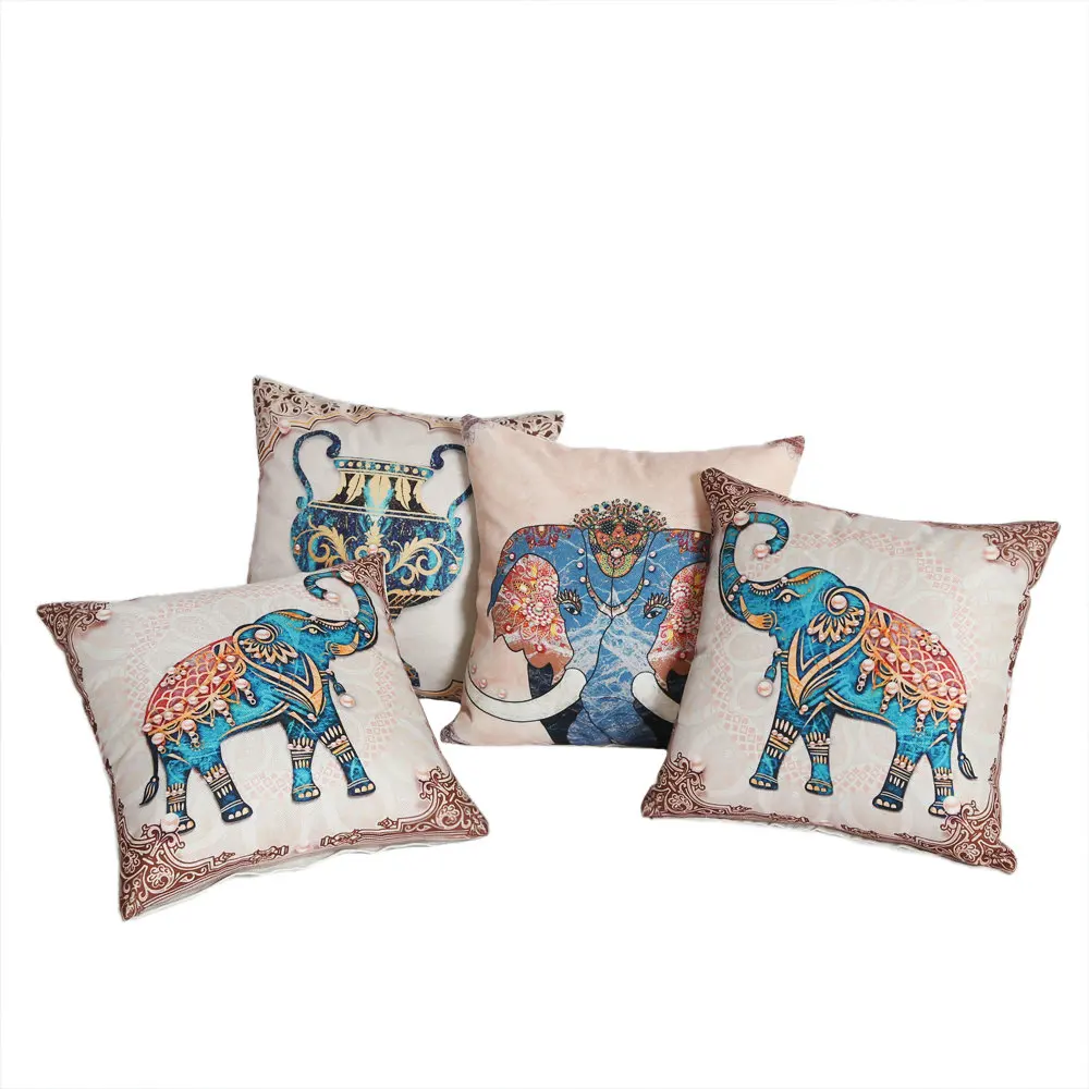 

Bohemian Elephant Pattern Cushion Cover Colorful Linen Indian Style Luxury Animal Printed Pillows House Decoration Sofa Travel