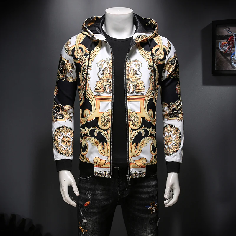 

Luxury Gold Print Jacket High Quality Bomber Jacket Streetwear Social Mens Jackets and Coats 2020 Brand Outerwear Male Clothing