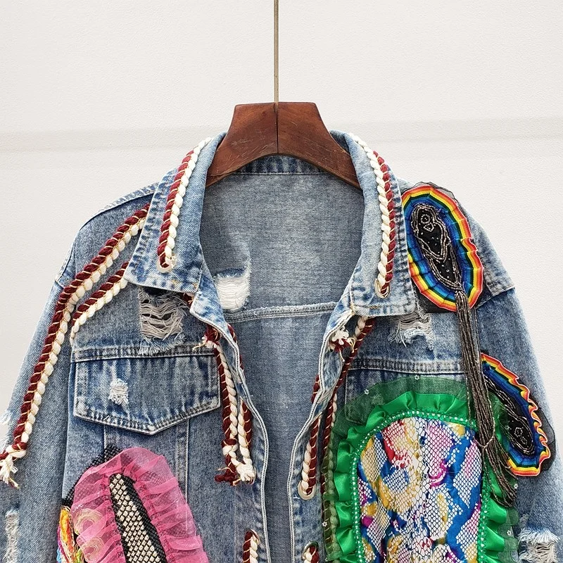 

Denim Women Jacket Spring Autumn Street Hole Ripped Tassel Diamonds Patchwork Turn-Down Collar Outerwear Vintage Cardigan Coat