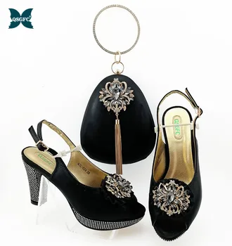 

Newest Shoes and Matching Bags Set Decorated with Rhinestone Italian design Black Color Shoes with Matching Bag Set