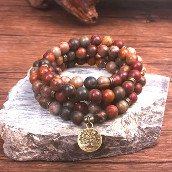 

Vintage Design Tree Of Life Jewelry 8mm Picasso Jaspers 108 Mala Bracelet High Quality Yoga Spiritual Bracelet