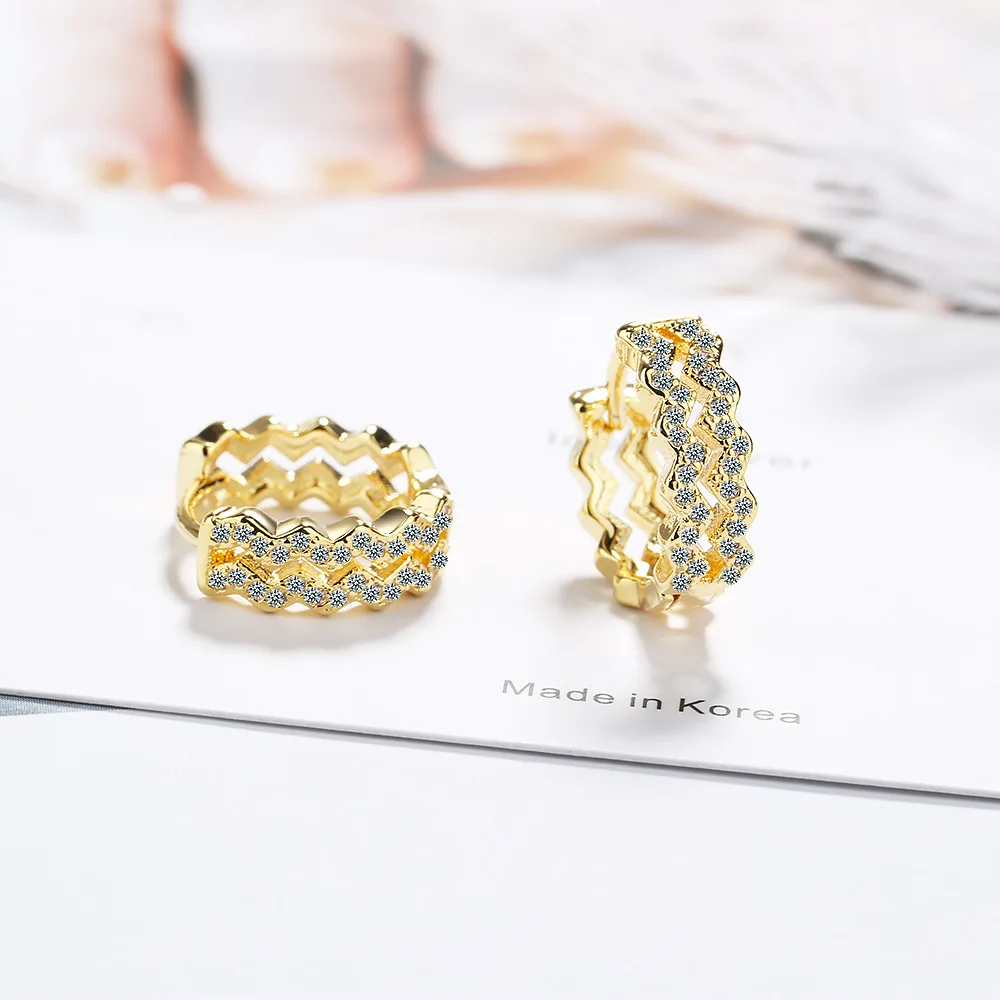 Корейская двухслойная Золотая волна 925 стерлингового серебра круглые серьги-кольца для женщин аксессуары кубический цирконий круг ушной креол