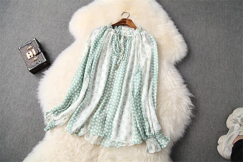 2020 New Elegant Lady Office Two Piece Outfits Womens Fashion Ruffle Polka Dot Print Chiffon Blouse and Pants Suit Set Twinset