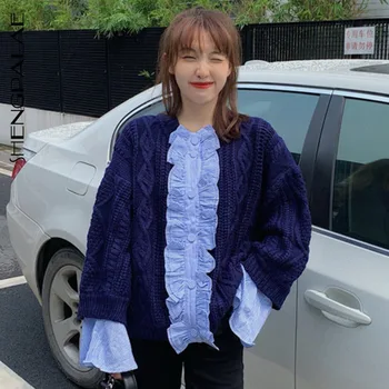 

SHENGPALAE 2020 Autumn Women's All-match Fashion Shirt Patchwork Fake Two-piece Twist Round Neck Single-breasted Sweater ZT1028
