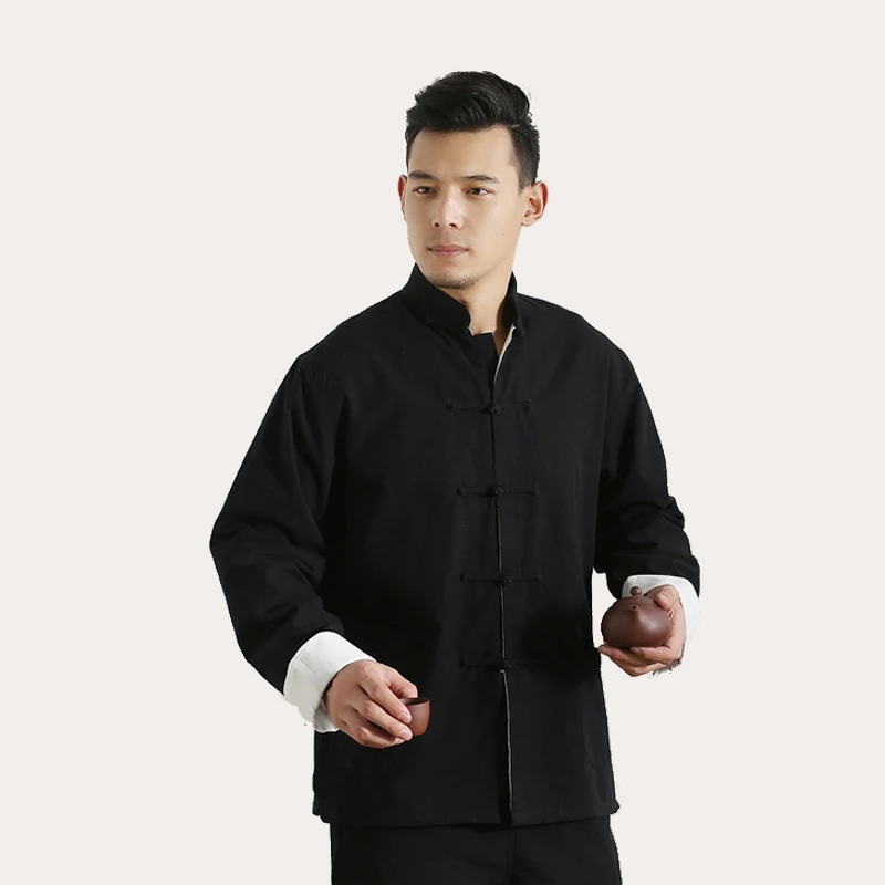 Red 100% Cotton Men's Solid Traditional Chinese Kung Fu Jacket Coat Tai Chi Uniform Double deck Long Sleeve Shirt t shirt homm 2