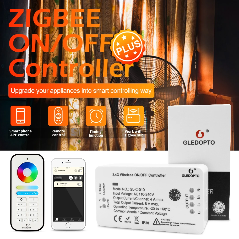 Gledopto Smart Zigbee Wireless On/Off Controller Plus AC100~240V smart Phone / Remote Control Work with Amazon echo SmartThings