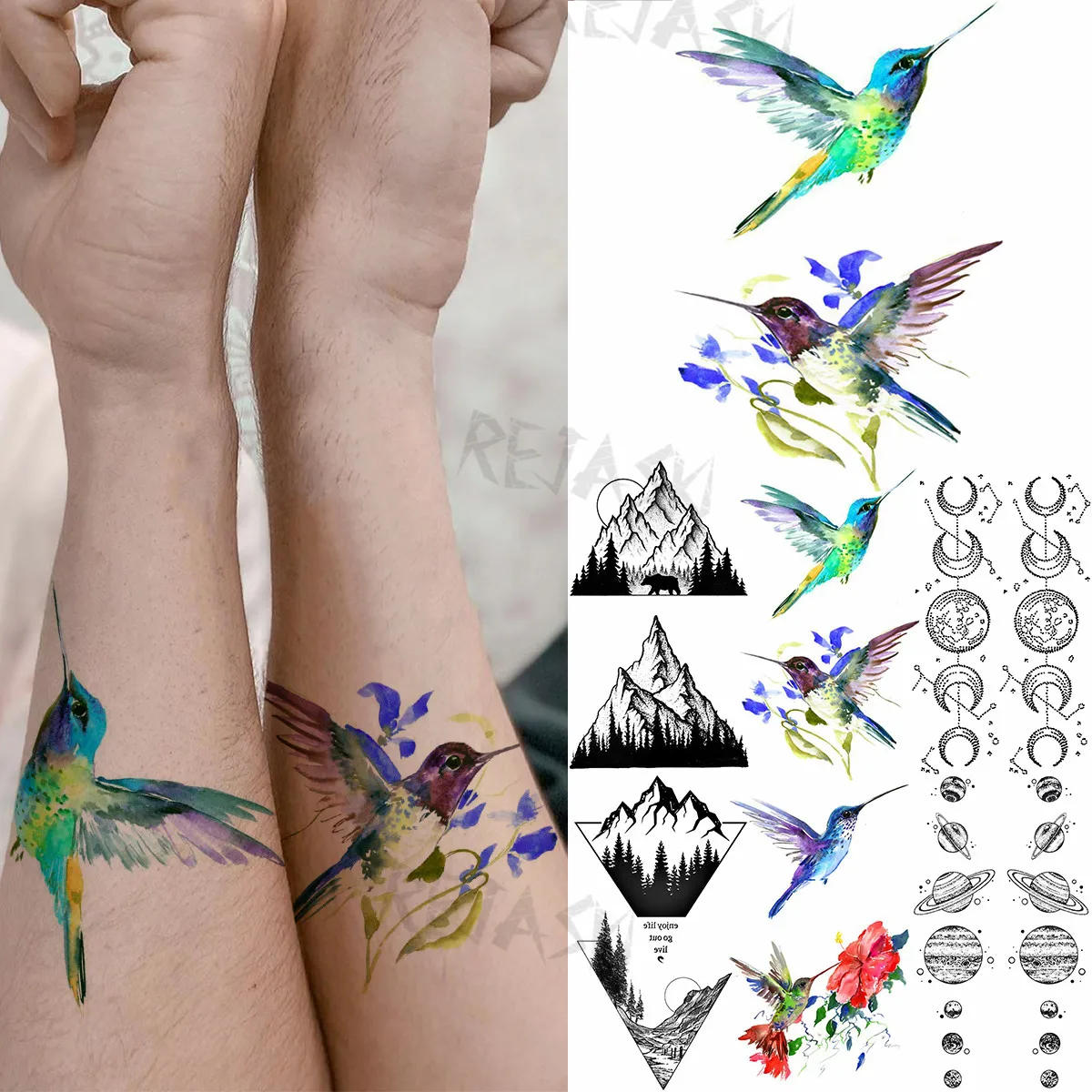 3D Little Hummingbird Arm Temporary Tattoos For Women Adult Geometry Mountain Woods Planet Fake Tattoo Waterproof Body Art Tatoo | Красота и