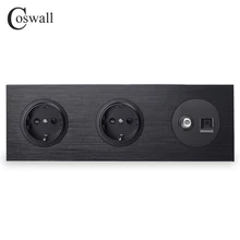Coswall черная алюминиевая металлическая панель двойная настенная розетка стандарта ЕС+ женский ТВ разъем с CAT5E RJ45 компьютерный разъем R12 серия