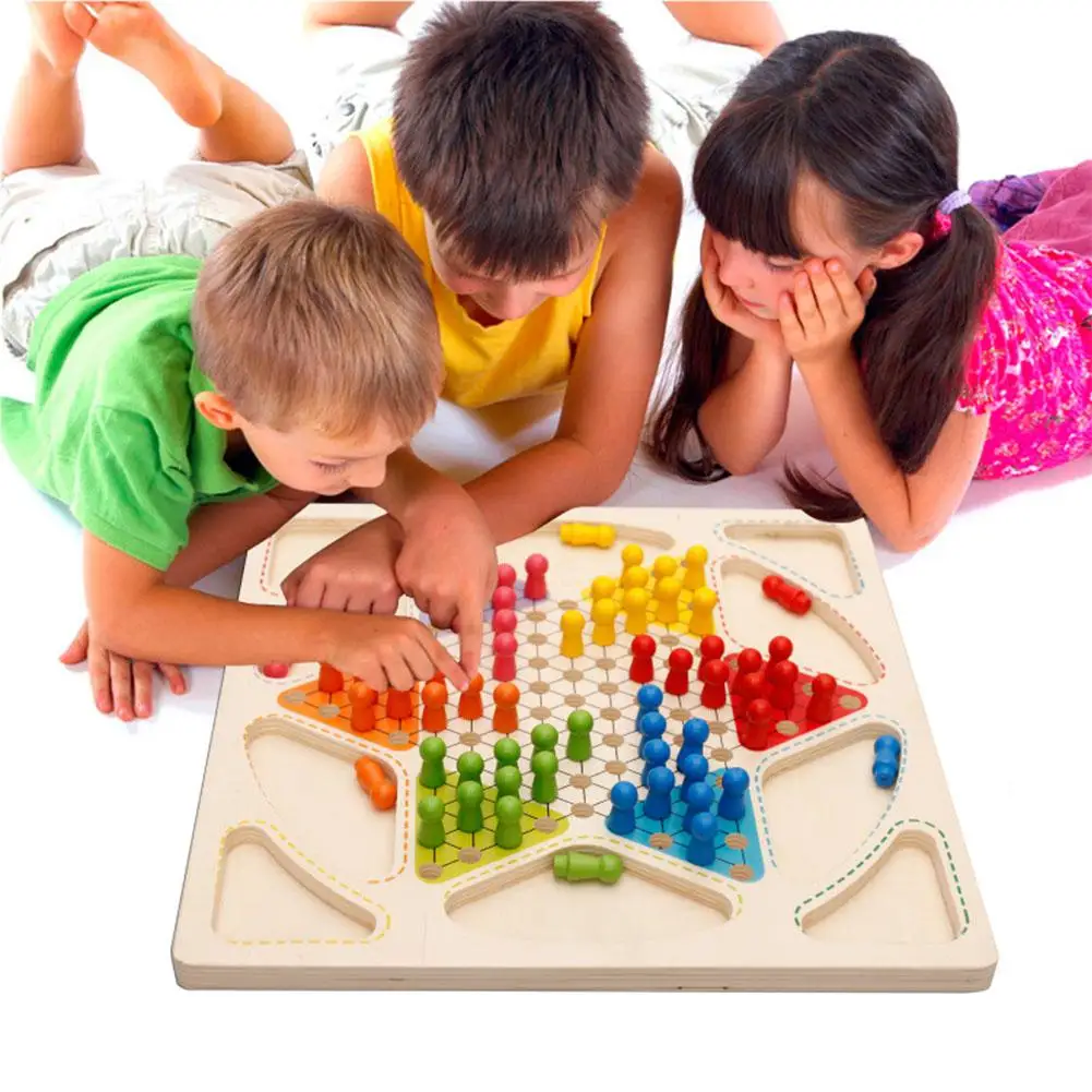 Kuulee Children Wooden Chess Checkers Sets+ Game Flight Chess 2 in 1 Multifunction Chess