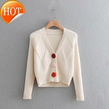 

Autumn New Spring Women Elegant Plush Color Button Sweaters For Women Apricot Fashion Short Female Cardigan