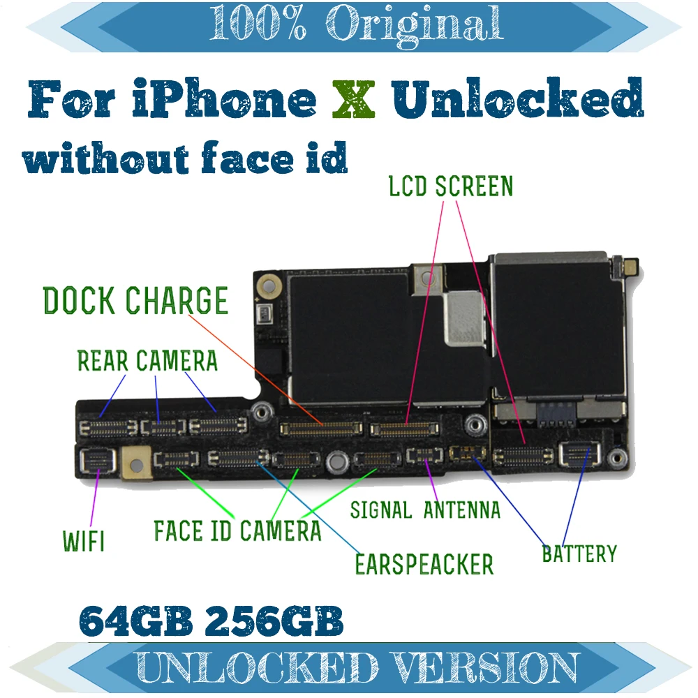 

Free Shipping Original Motherboard For iPhone X 64GB 256GB Factory Unlocked Mainboard Without Face ID IOS Update Support