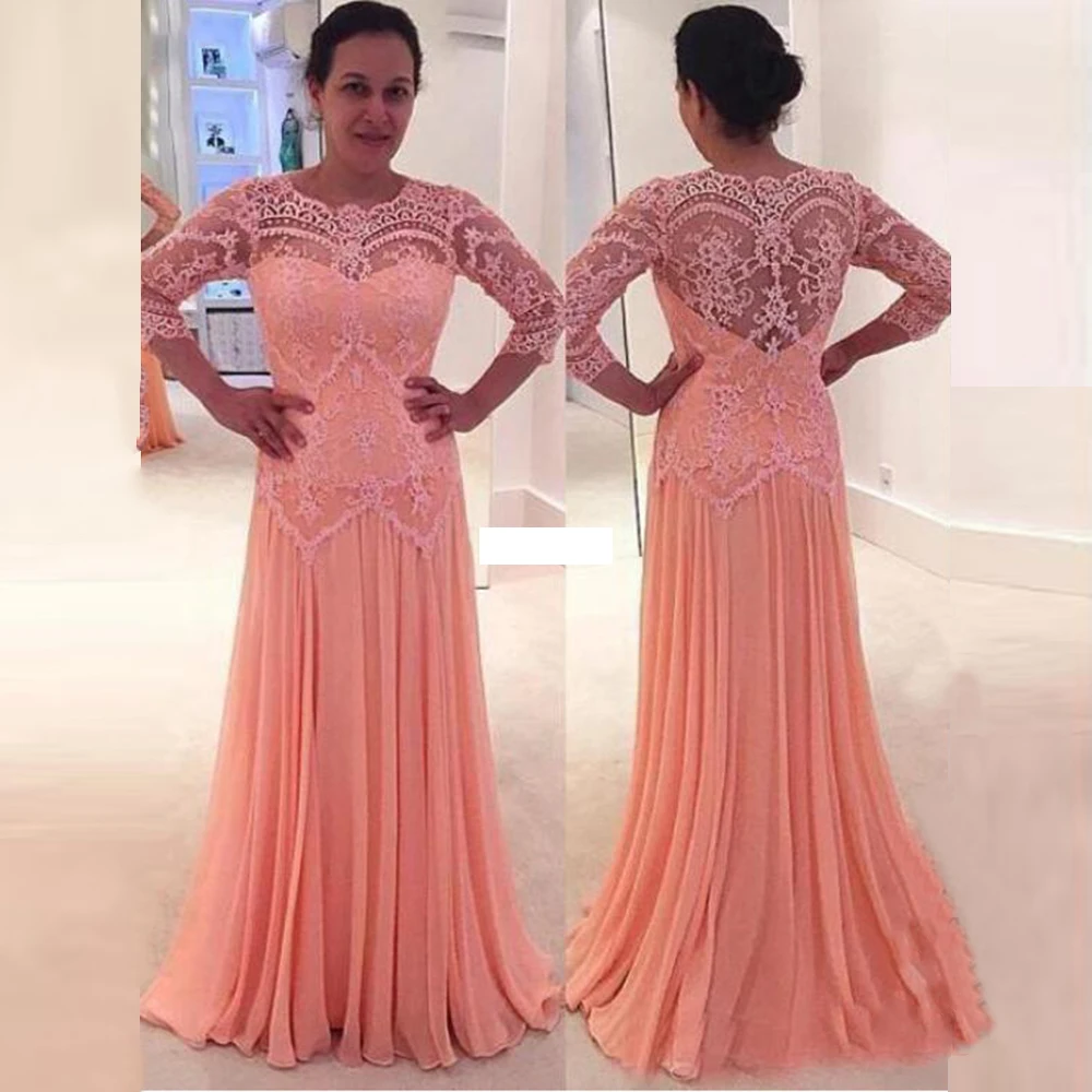 

Charming Coral Lace A Line O Neck Mother of the Bride Dresses With Three Quarter Sleeves Chiffon Wedding Party Gowns