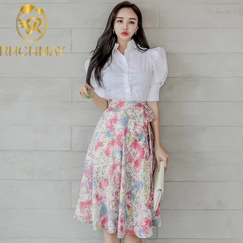 

2020 Summer White Puff Sleeve Shirt Button Tops + Print Floral Bow Skirt Suit Beach Vacation Casual 2 Piece Set for Women