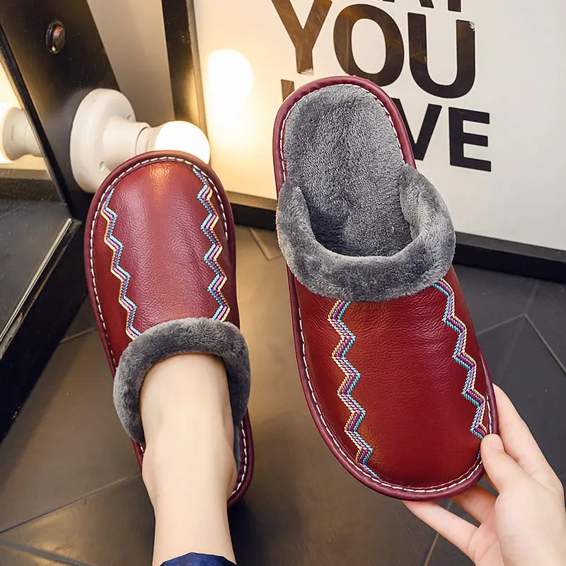 Women Slippers Luxury Brand Genuine Leather Home Unisex Fur Slides Winter Indoor