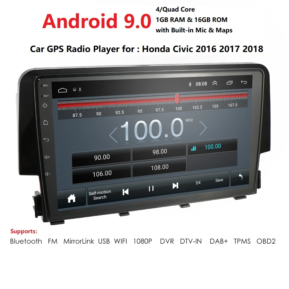 Discount Ossuret Car Multimedia Player Quad Core Radio For Honda Civic 2016 2017 2018 Android 9.0 USB BT PC SWC 4G WIFI Bluetooth SWC DAB 3