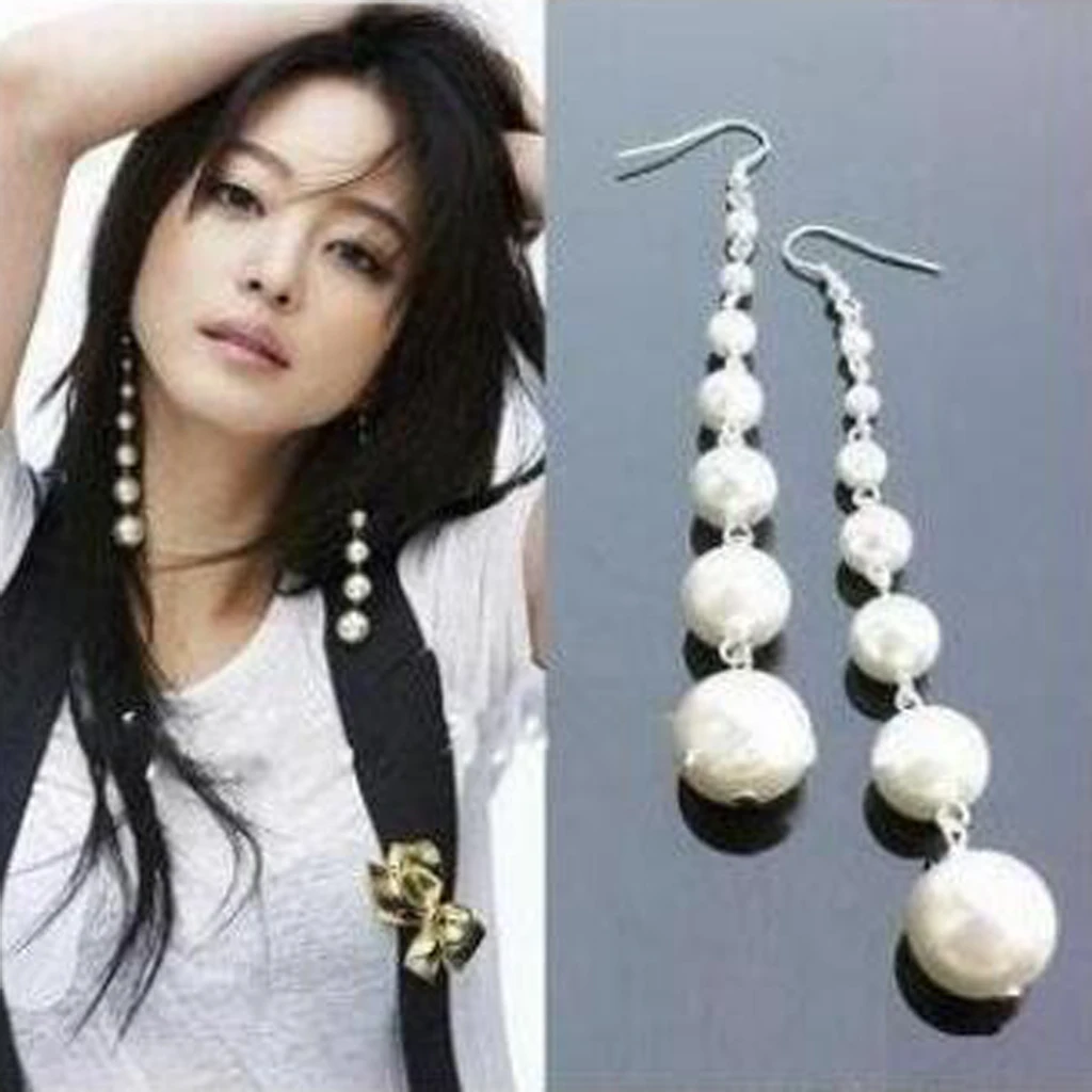

High Imitation Earrings Ear Hook Tassel Long Vintage Big Simulated Pearl Long Pearls String Statement Dangel Earrings for Womens