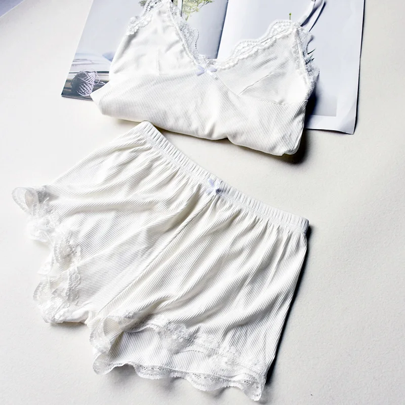Two Piece Cotton Pajamas Set for Women Sexy Lace Top And Shorts Pajama Sets Spaghetti Strap Sleepwear High Elastic Woman Clothes women pajamas set women pajama suit cotton pajamas set