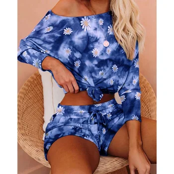 

Tie Dye Women Two-Piece Pajamas Set Daisy Print Autumn Long Sleeve O Neck Loose Sleepwear Drawstring Shorts Set Lounge Homewear