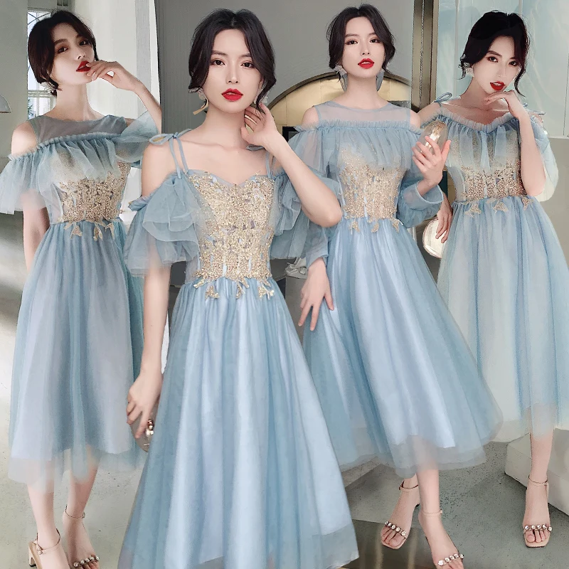 Bridesmaids Dresses Illusion Ankle-Length A-Line O-Neck Sequined Embroidery Lace Off The Shoulder Women Wedding Party Dress E064