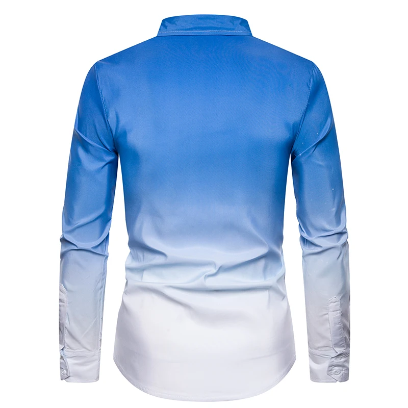 Для мужчин Slim fit градиент печати с длинными рукавами рубашки для мальчиков с отложным воротником; мужская деловая Повседневная из хлопка средней высоты; в деловом стиле; свадебные вечерние платья-рубашки