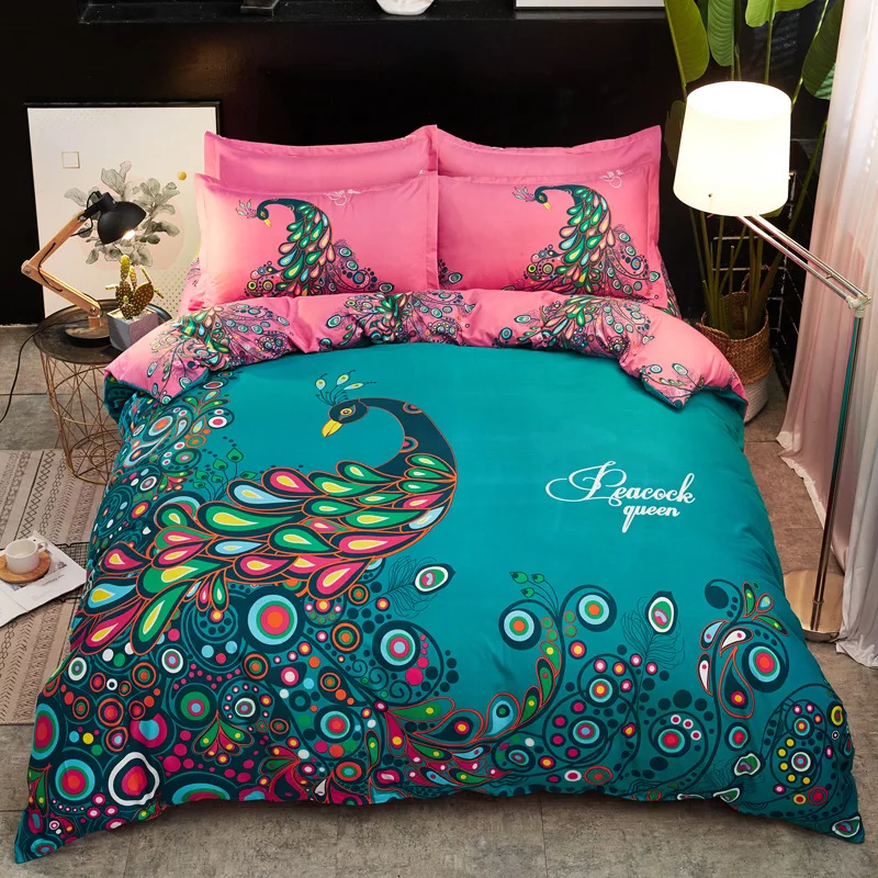 Peacocks Bird Bedding Set Blooming Flower Duvet Cover Bed Sheet 4pcs