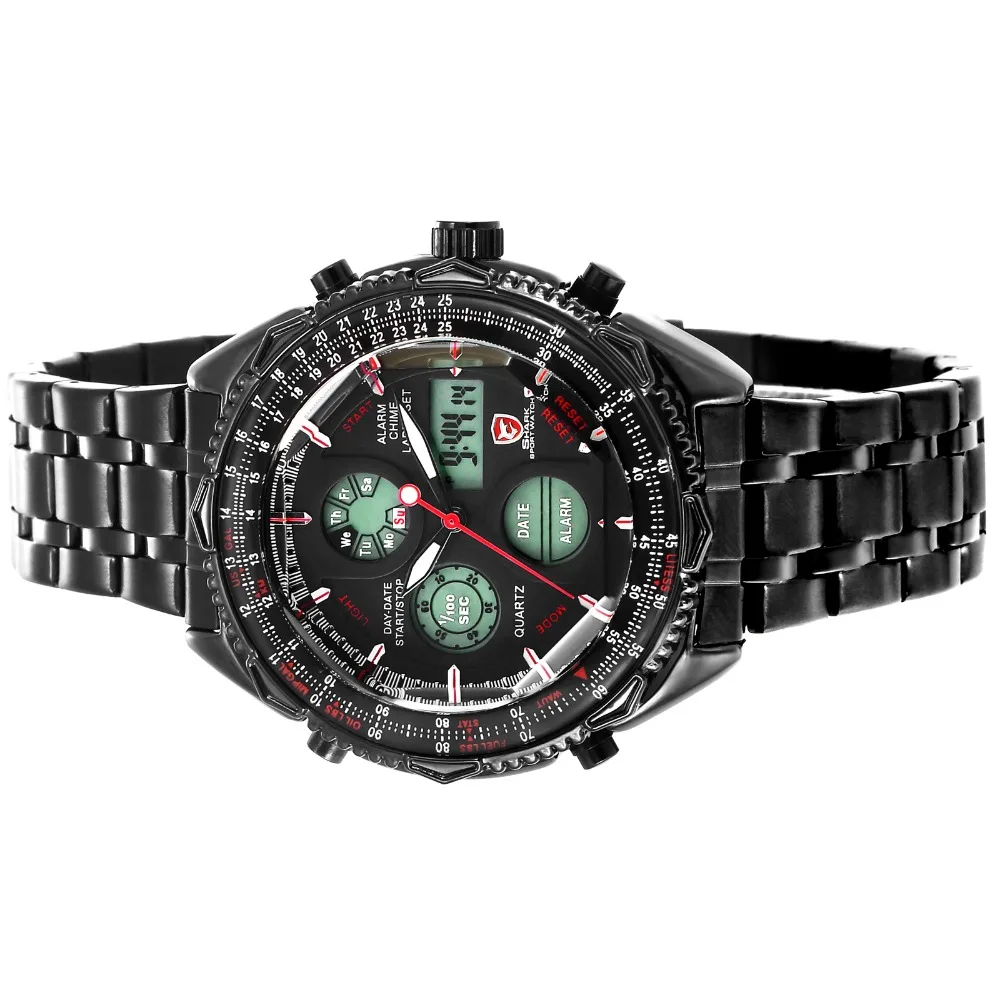 Спортивные часы Eightgill Shark, цифровые, lcd, аналоговые, нержавеющая сталь, ремешок, дата, день, хронограф, черные мужские военные кварцевые часы/SH116