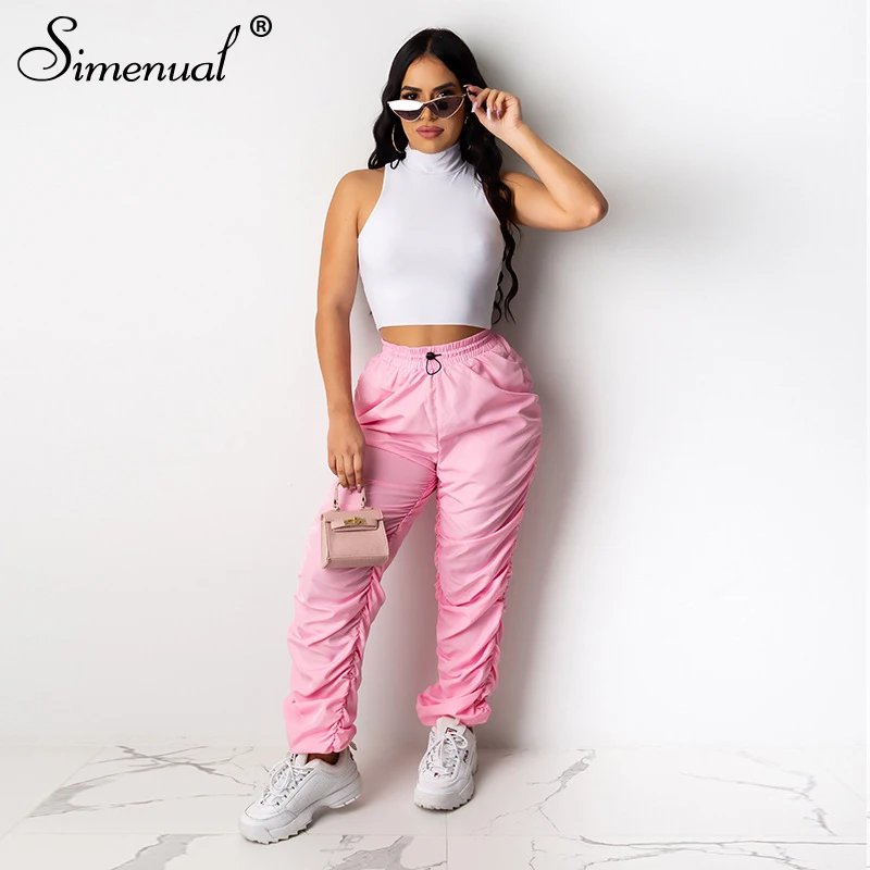 

Simenual Casual Workout Sporty Two Piece Sets Women Ruched Fashion Active Wear Tracksuits 2020 Sleeveless Tank Top And Pants Set