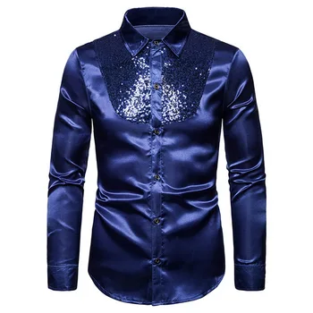 

Party Luxury Men Shirt Henley Collar Sequin Patchwork Casual Shirt Fashion Shiny Long Sleeve camisa masculina Clubwear