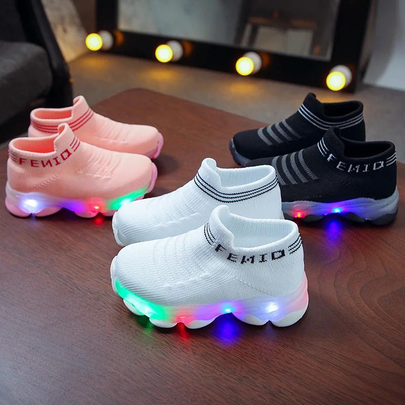 Zapatillas de deporte para bebé, niño y niña y niño, calcetines luminosos LED de malla, deportivas para correr, calzado infantil, zapatos iluminados