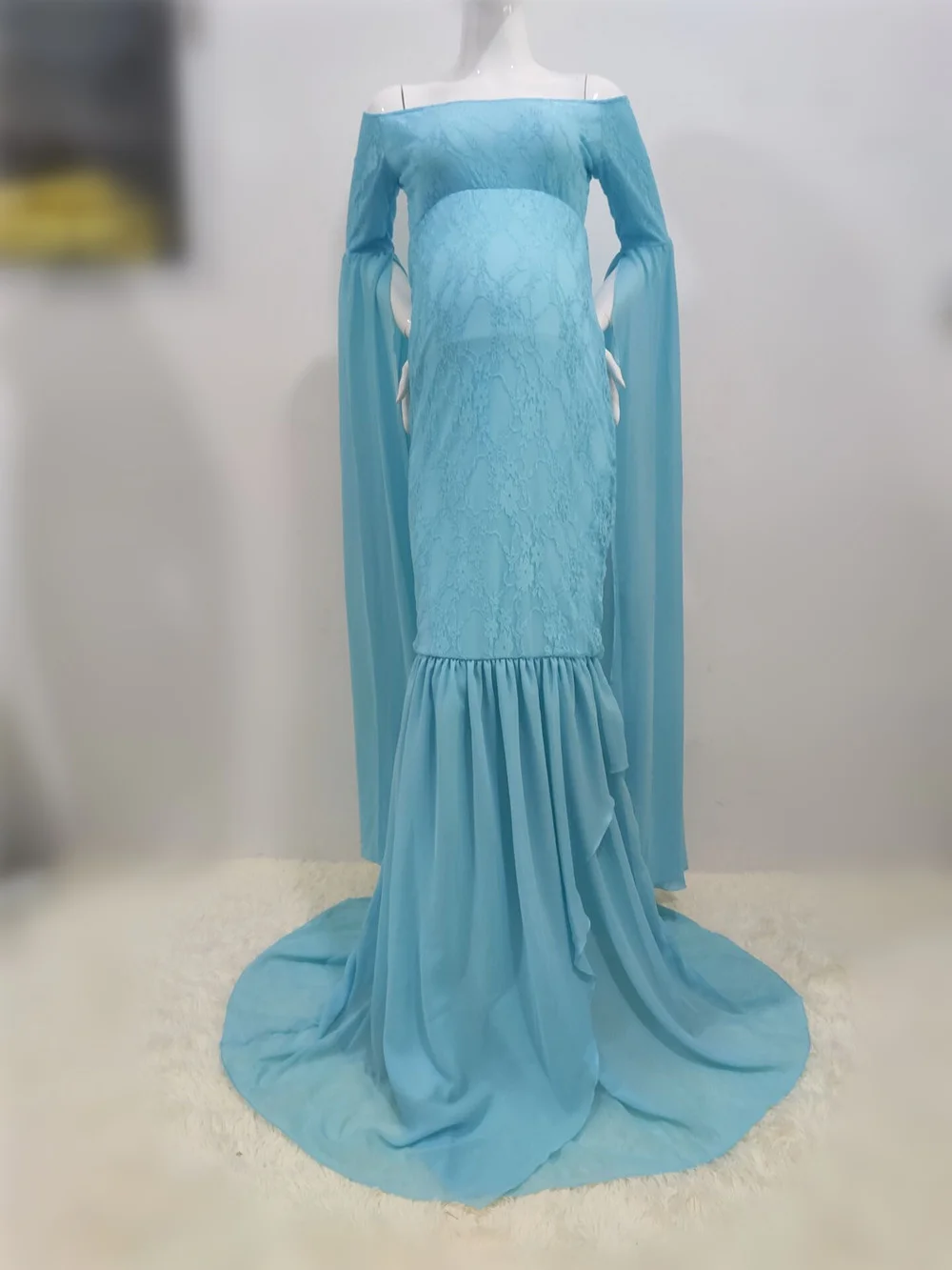 Mermaid Maternity Photography Props Dresses Lace Long Pregnancy Dress Ruffles Pregnant Women Maxi Maternity Gown For Photo Shoot (1)