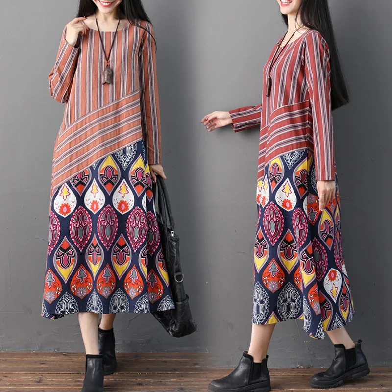 

2018 New Style Stripes Joint Cotton Linen Long Skirts Women's Ethnic-Style Large Size Loose-Fit Flax Long-sleeved Dress