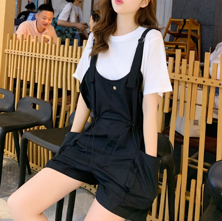 black Jumpsuits set 2 шт Для женщин хлопковая рубашка+ шорты на подтяжках, комбинезоны, комплекты Лето уличная ремень женские комбинезон Комбинезоны для женщин - Цвет: black Jumpsuits set