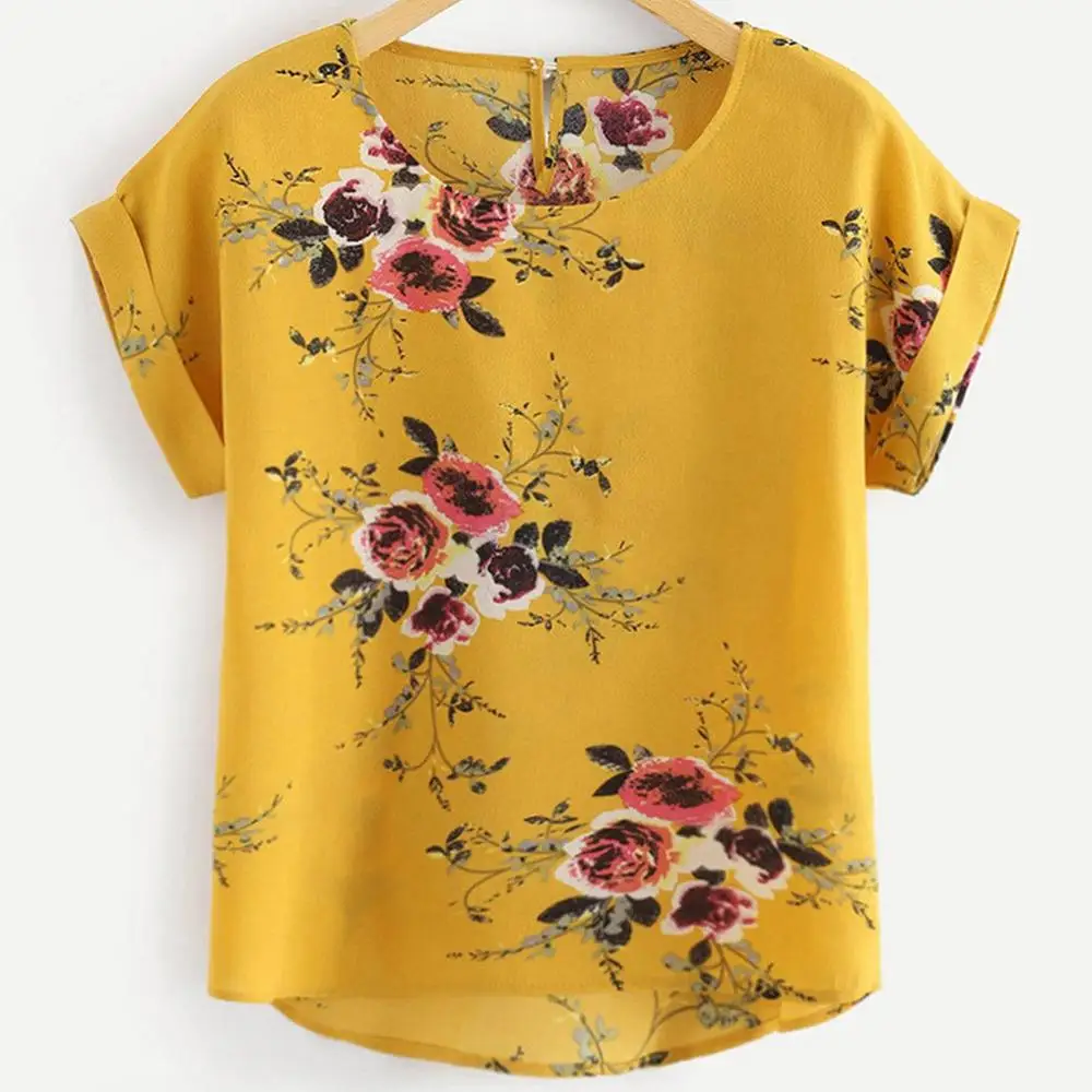 Летняя модная блузка с цветочным принтом, пуловер, женская футболка с круглым вырезом, женская рубашка с коротким рукавом, Blusas Femininas, одежда - Цвет: Цвет: желтый