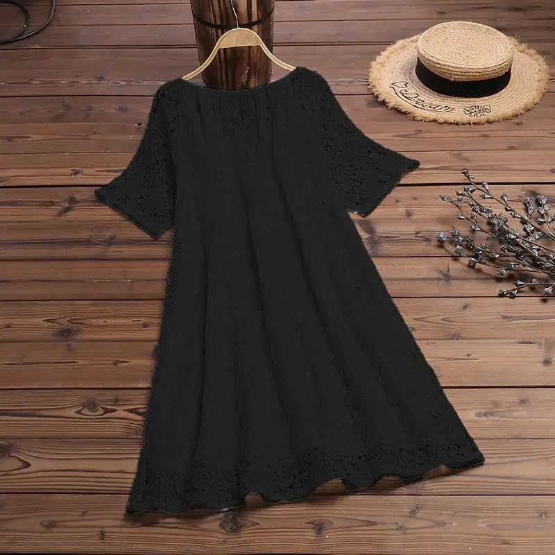 ZANZEA женское платье-рубашка с v-образным вырезом и коротким рукавом, летнее кружевное платье-туника, Женские однотонные Топы