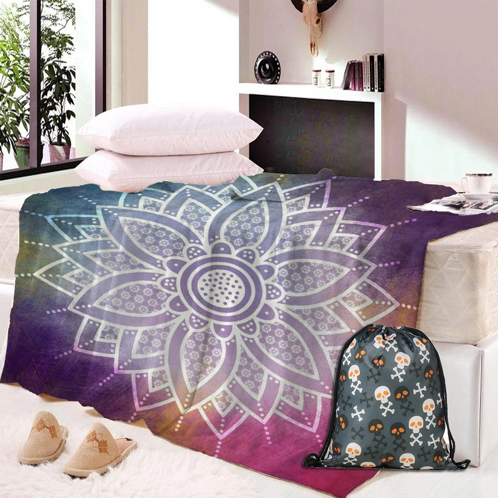 

Mandala Print Bed Throw Blanket Natural Trees Fleece Blanket Hand Drawn Globe Kids Bedding Colorful Mantas