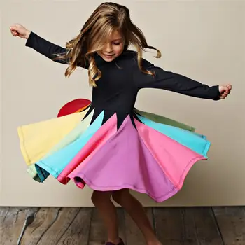 

YUXIC 2020 Spring Long Sleeved Kids Girls Dress Rainbow Color O-neck Children Dress 2-7T Princess Cosplay Party Costumes