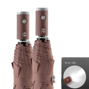 

Fully Automatic Brown Umbrella With Led Light High Quality Windproof Double Layer Anti-UV Parasol Impermiable Windproof Umbrella
