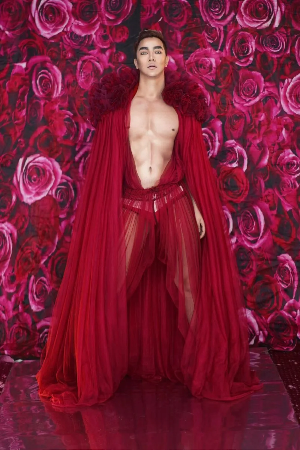 Сексуальное Сетчатое длинное платье с красными цветами, 2 стиля, день рождения, празднование вечернего платья, DJ представление певцов и танцовщиков платье для выступлений на сцене
