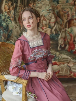 

Women Dress Spring Autumn Vintage Eletgant Slim Chiffon Midi Dress Court French Embroidery Lace Mori Girl Retro Red Long Dress