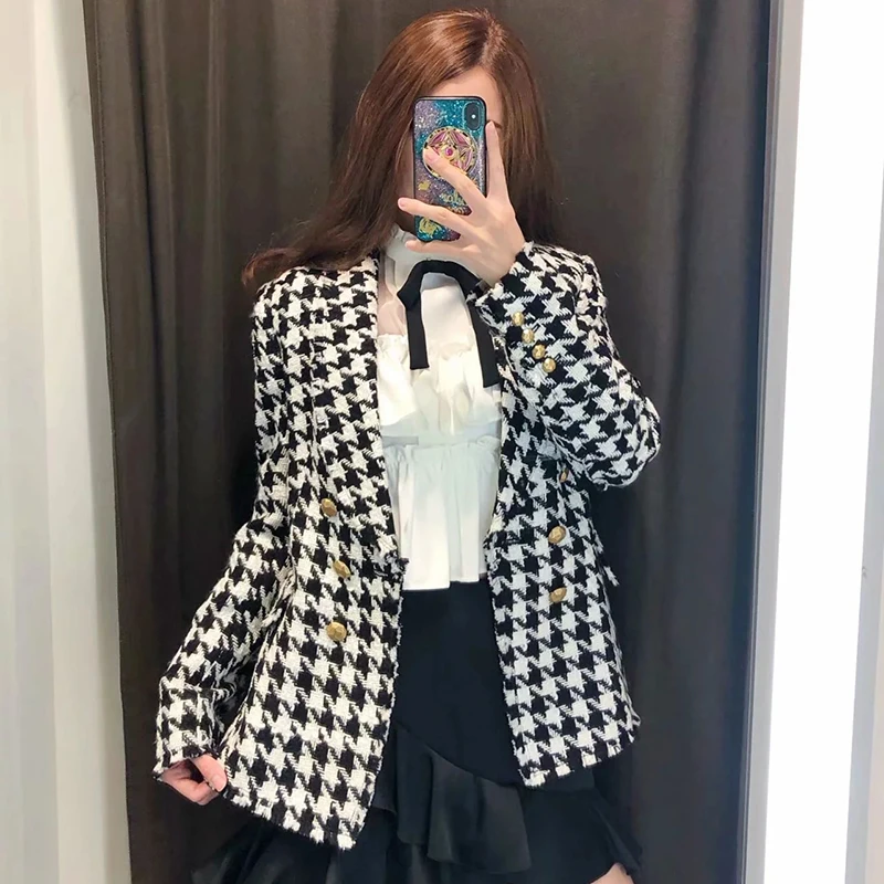  Women Autumn Fashion Houndstooth Hairy Za Jacket 2019 Black&White Vintage V-neck Tweed Streetwear O
