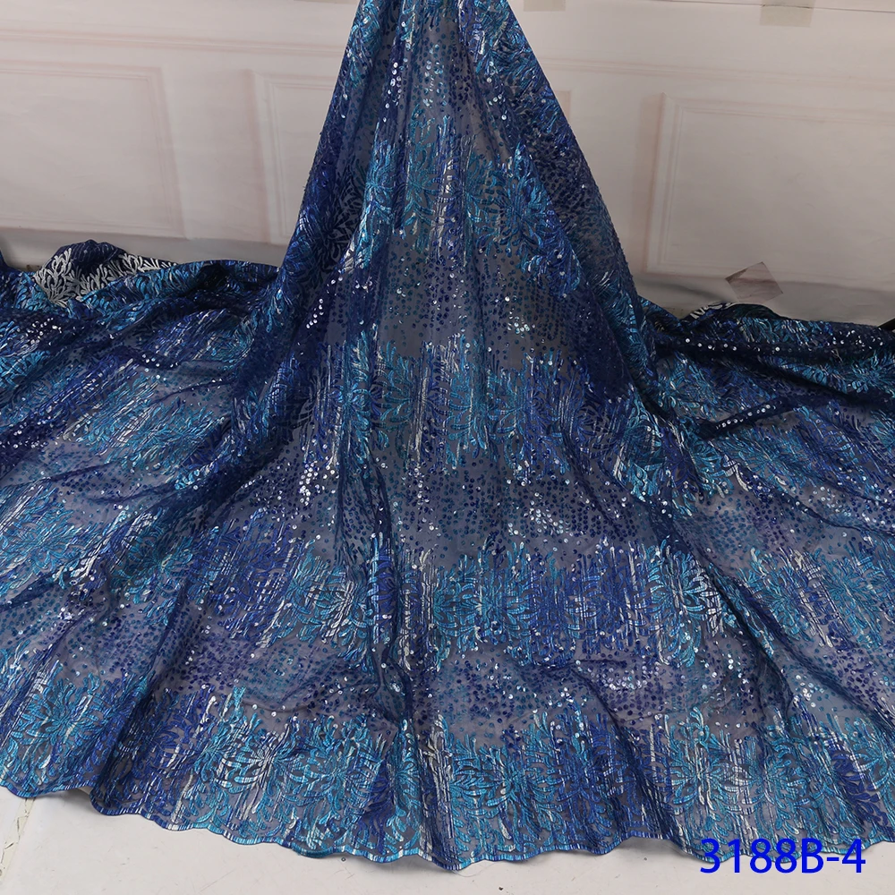 

Royal Blue 2020 high quality French Nigerian sequins net lace,African tulle mesh sequence lace fabric for party dress 5yards/lot