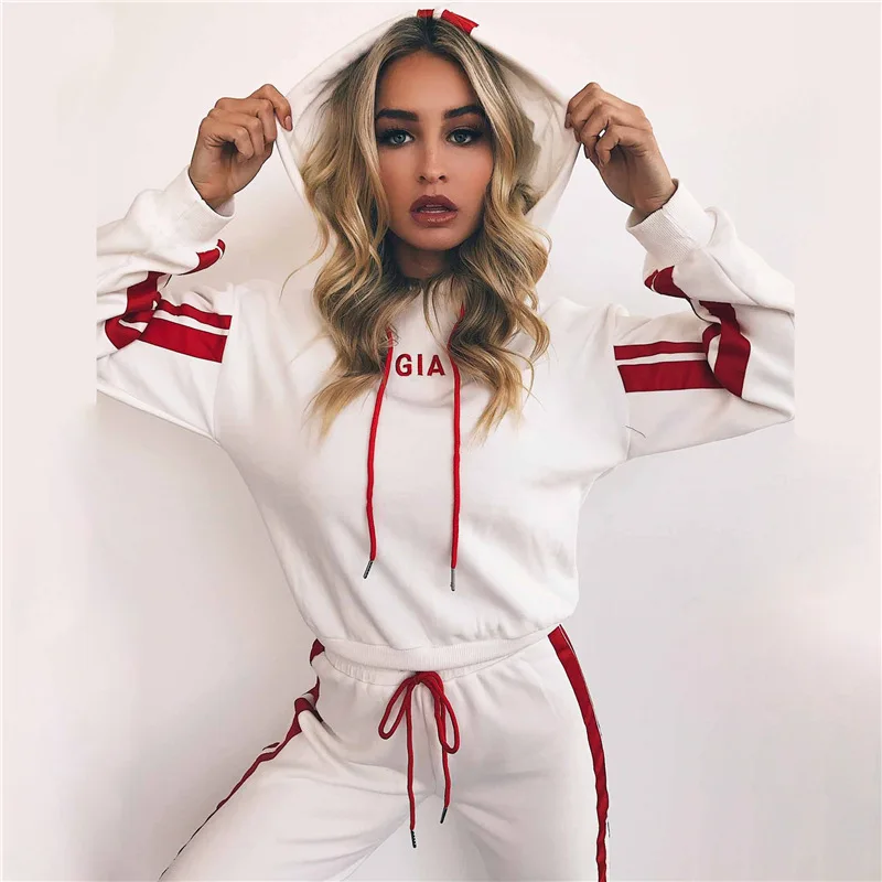 

2020 Autumn Fashing 2 Piece Trainning Set Women Sportswear Casual White Red Striped Pants Hooded Sweatshirt Fitness Clothing
